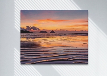 Reflections at Sunrise, Sai Wan, Hong Kong Framed Canvas Print 20×16 inches